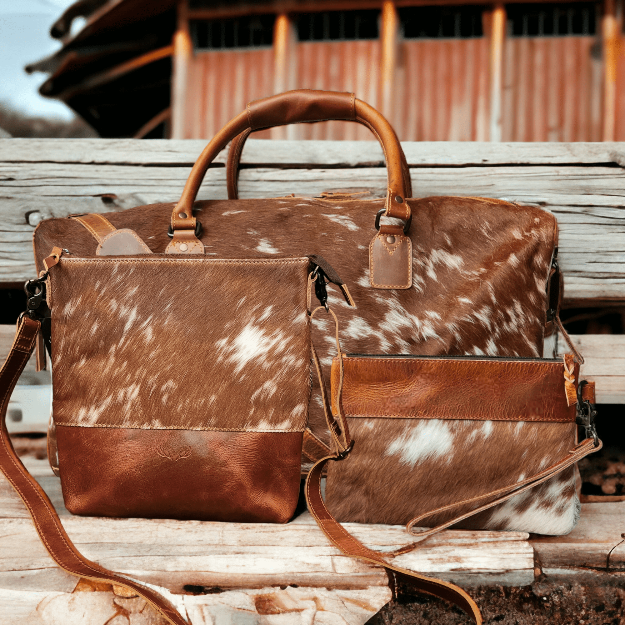 Mega Bundle Deal -The Highlands Large Genuine Cowhide Weekender Duffel Saddle+ Saddle Crossbody +Wristlet Clutch Saddle - Ranch Junkie Mercantile LLC