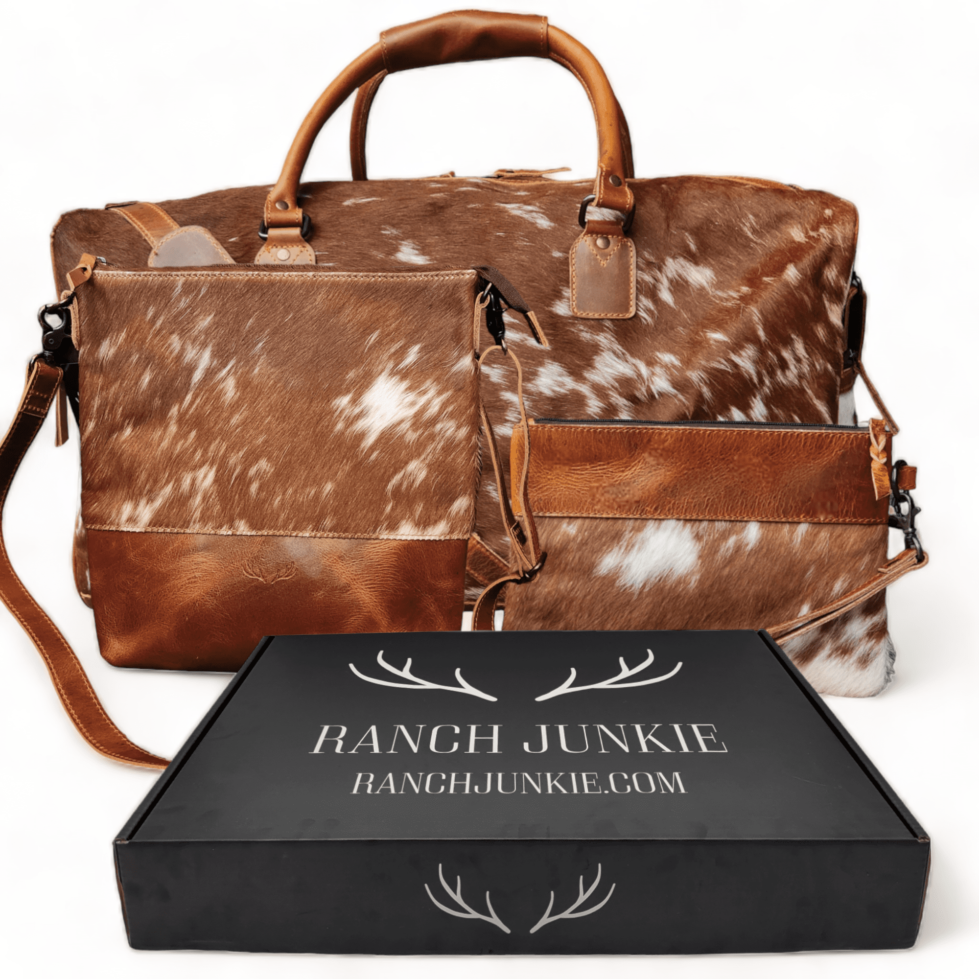 Mega Bundle Deal -The Highlands Large Genuine Cowhide Weekender Duffel Saddle+ Saddle Crossbody +Wristlet Clutch Saddle - Ranch Junkie Mercantile LLC 