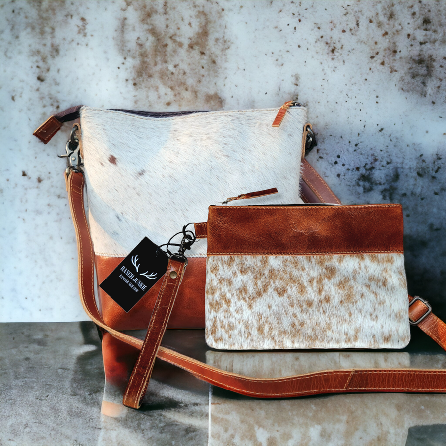 Bundle Deal- The Highlands Saddle Large Genuine Cowhide Crossbody Bag + Saddle Wristlet Clutch - Ranch Junkie Mercantile LLC 