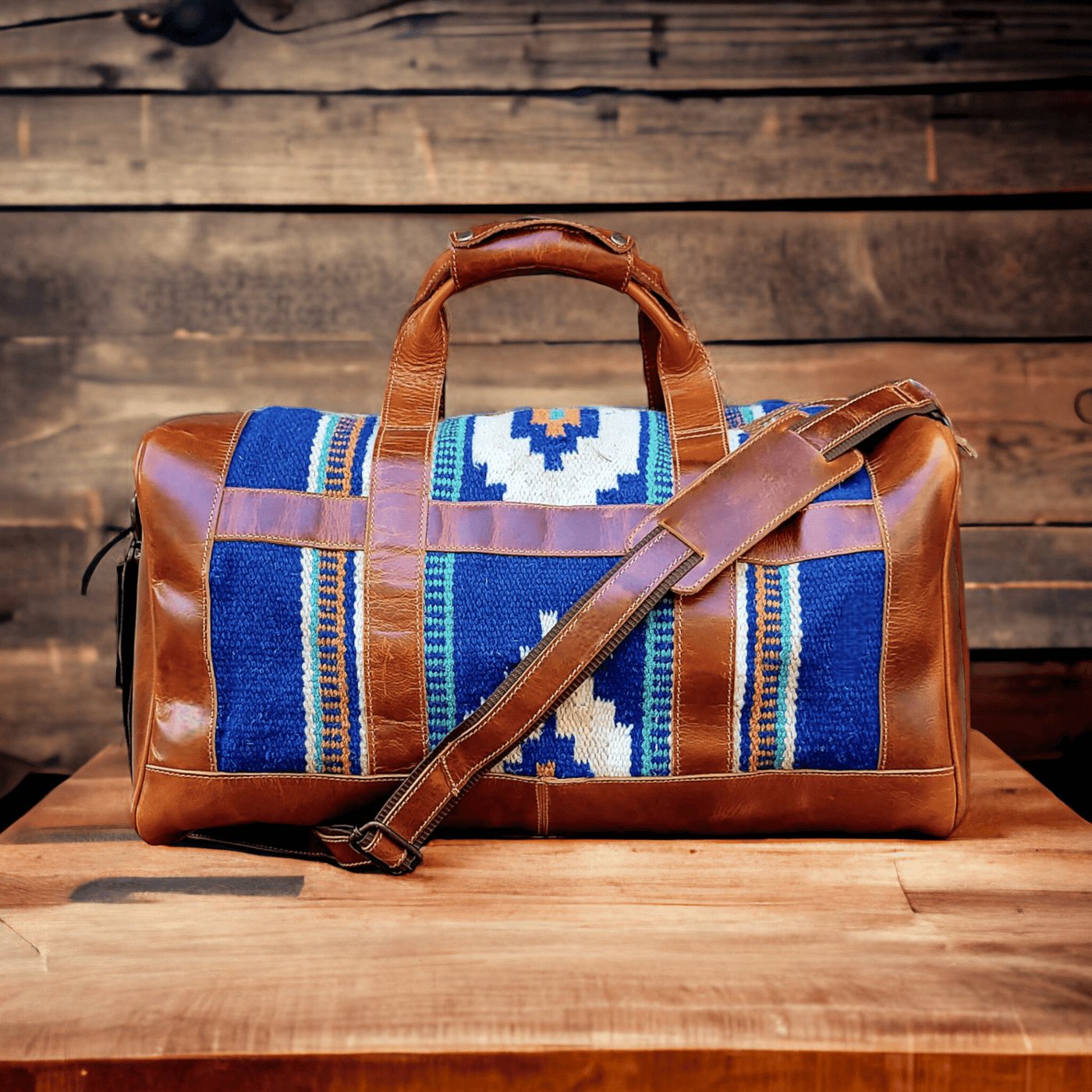 Bundle Deal -The Dakota Southwestern Leather Aztec Weekender Duffel Bag + Large Handwoven Wool Boho Tote - Ranch Junkie Mercantile LLC