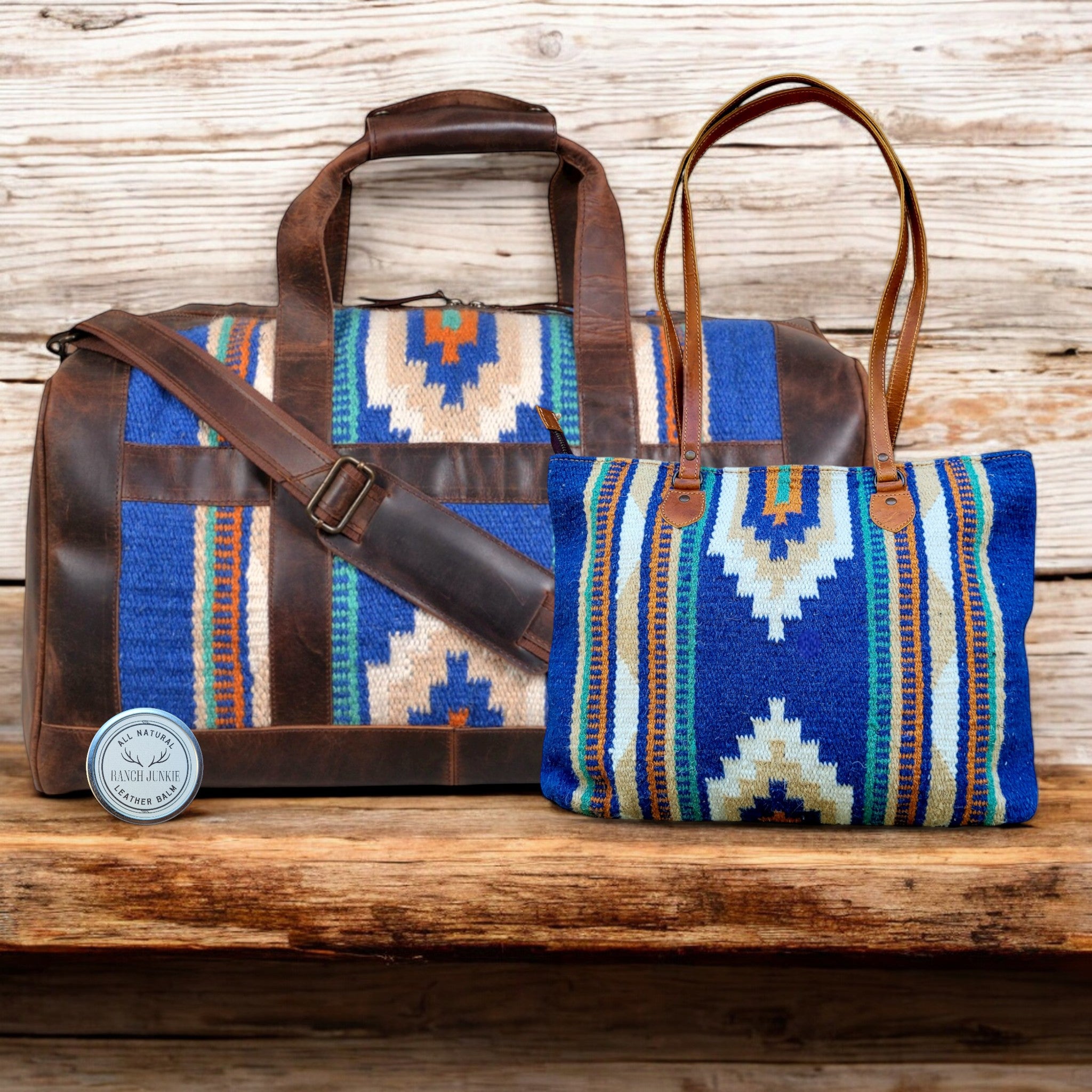 Bundle Deal Dakota Southwestern Leather Aztec Weekender Duffel Bag + Large Boho Tote - Ranch Junkie Mercantile LLC 