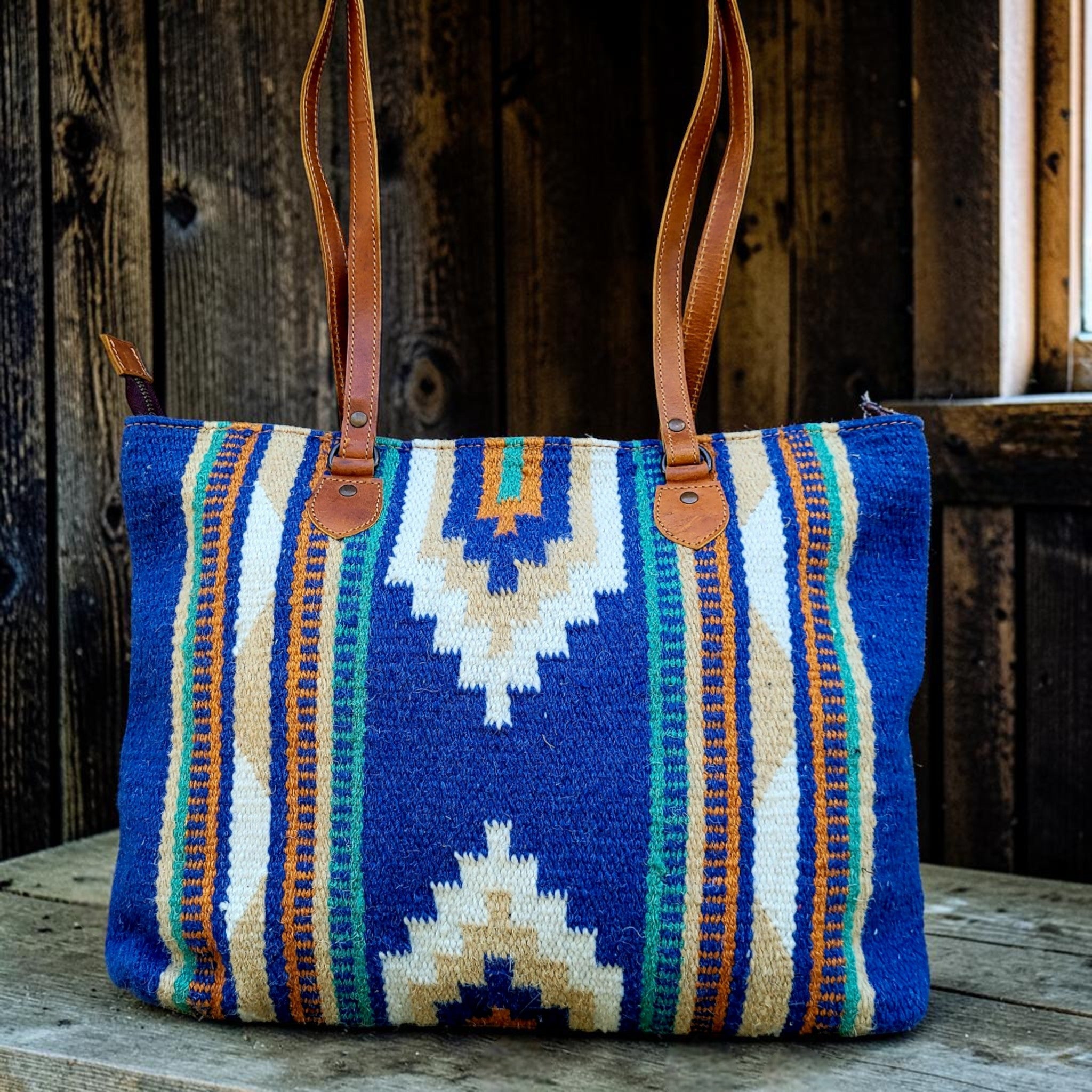 Sample Sale Southwestern Handwoven Wool Boho Tote Dakota Saddle Blanket Bag - Ranch Junkie LLC 