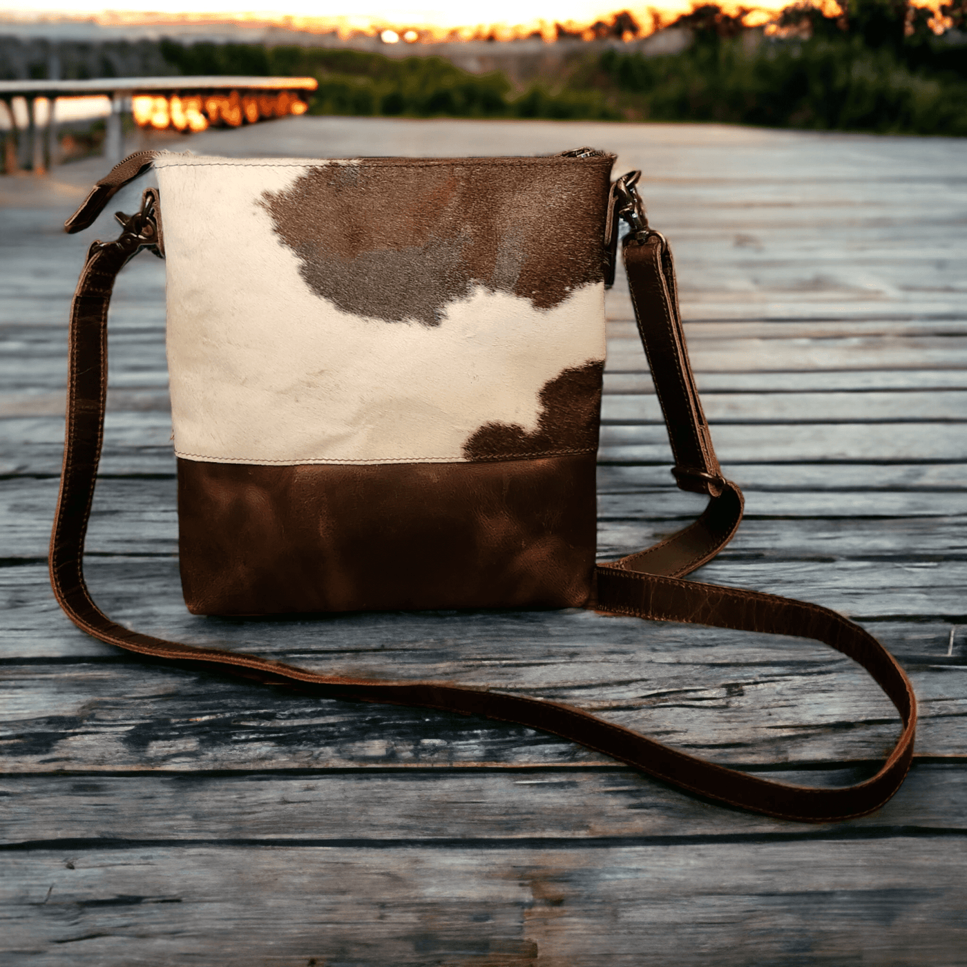 The Highlands Genuine Cowhide Large Crossbody Bag Saddle And Dark Brown Leather Crossbody Purse - Ranch Junkie Mercantile LLC