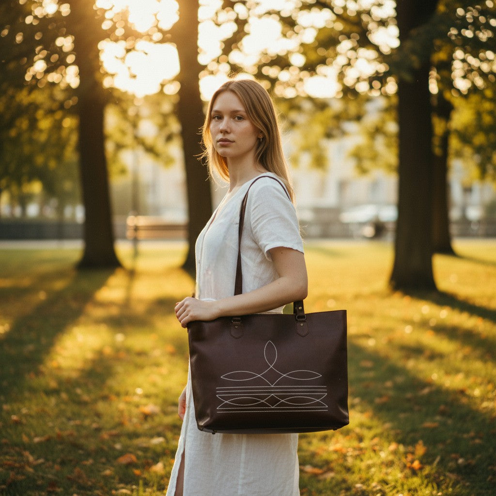 Leather Boot Stitch Tote Bag Denali Dark Vintage Brown Large Genuine Leather Tote - Ranch Junkie Mercantile LLC 