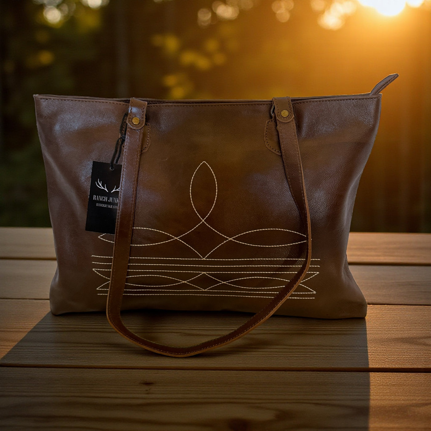 Leather Boot Stitch Tote Bag Denali Dark Vintage Brown Large Genuine Leather Tote - Ranch Junkie Mercantile LLC 