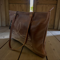 Leather Boot Stitch Tote Bag Denali Dark Vintage Brown Large Genuine Leather Tote - Ranch Junkie Mercantile LLC 