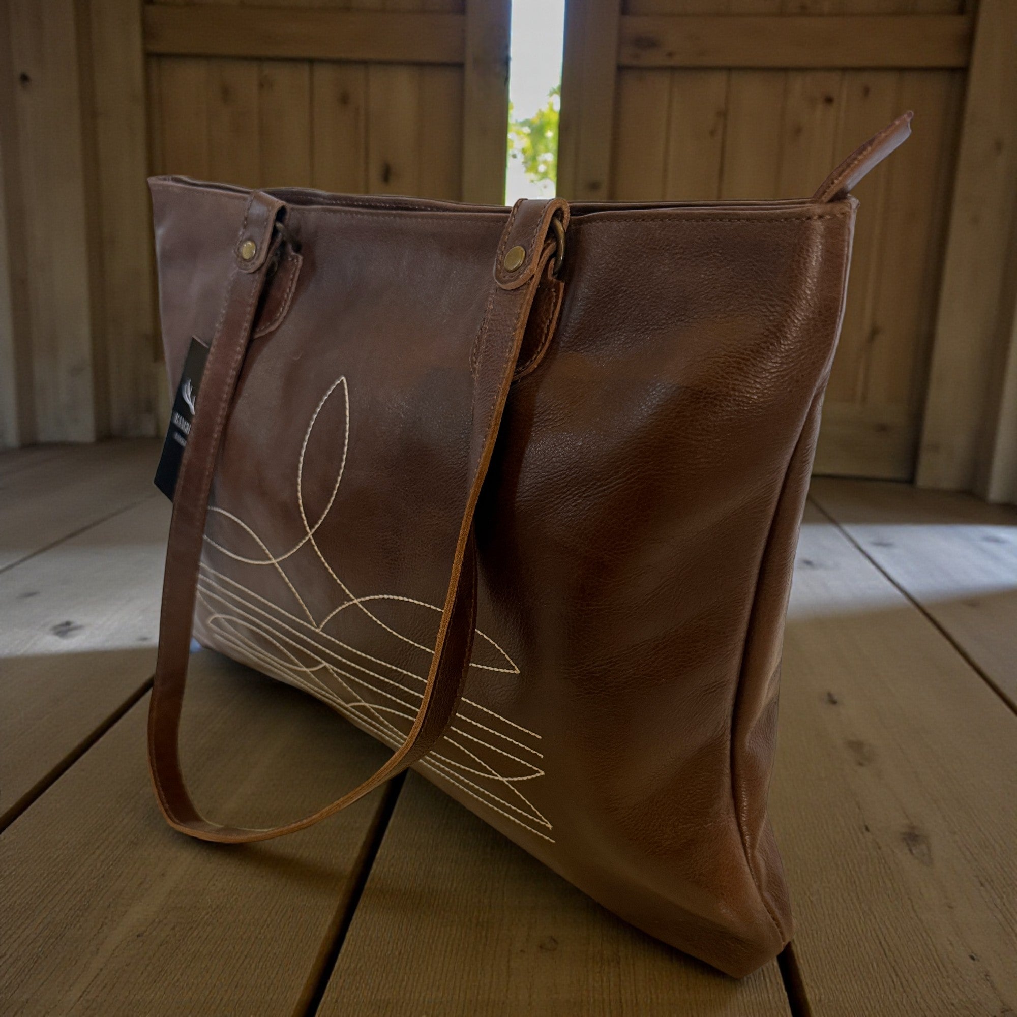 Leather Boot Stitch Tote Bag Denali Dark Vintage Brown Large Genuine Leather Tote - Ranch Junkie Mercantile LLC 