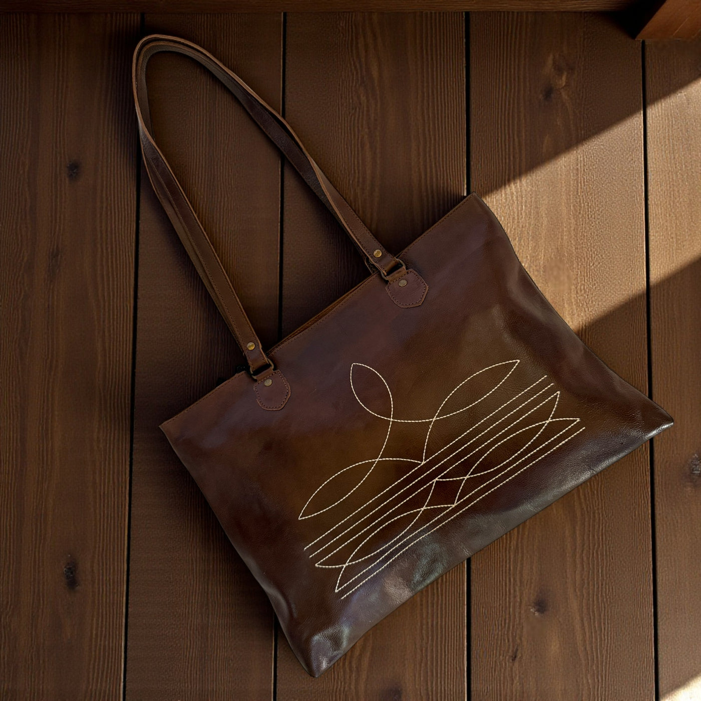 Leather Boot Stitch Tote Bag Denali Dark Vintage Brown Large Genuine Leather Tote - Ranch Junkie Mercantile LLC 