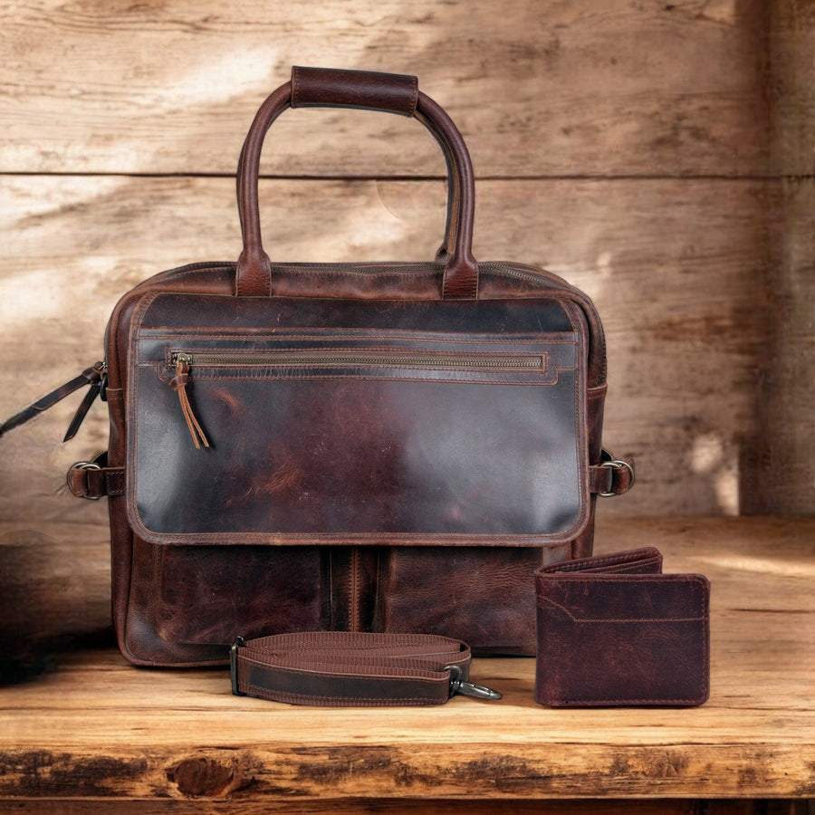 Bundle Deal Denali Navigator Vintage Leather Large Messenger Bag + Denali Leather Wallet - Ranch Junkie Mercantile LLC 