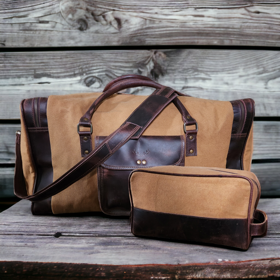 Bundle Deal Tan Drifter Canvas And Leather Weekender Duffel Bag + Toiletry Bag - Ranch Junkie Mercantile LLC 
