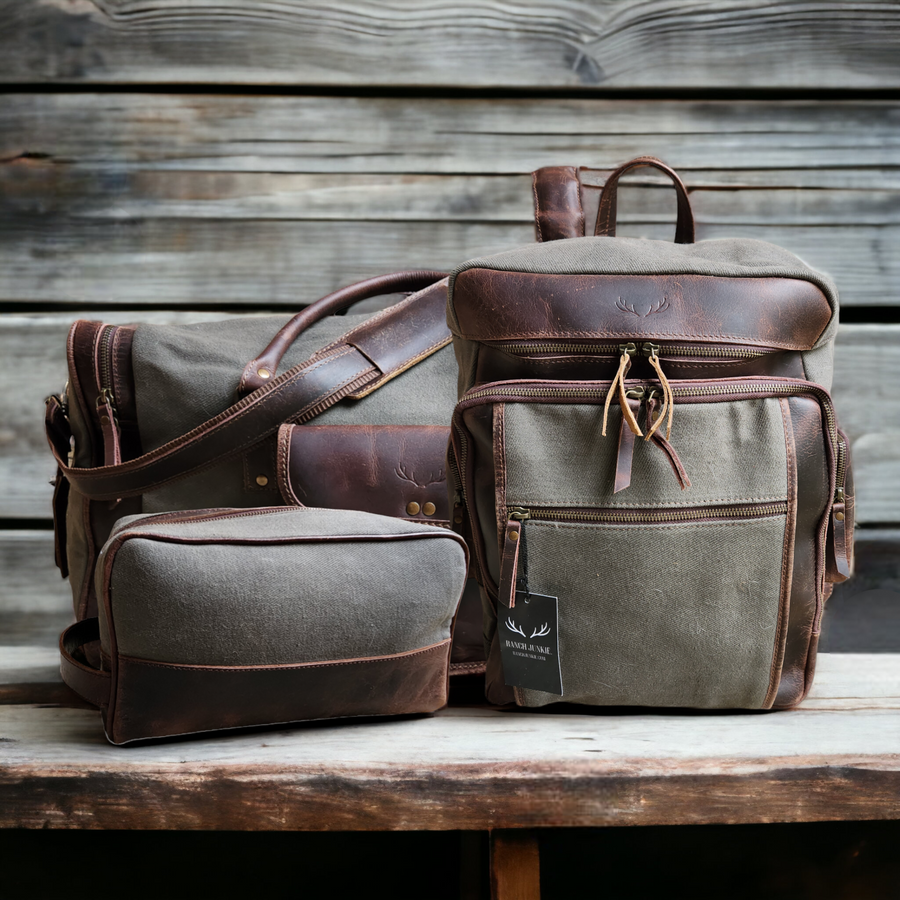 Mega Bundle Deal Canvas/Leather Drifter Duffel + Backpack + Toiletry Bag Army Green - Ranch Junkie Mercantile LLC 