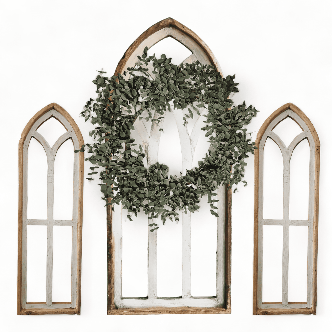 Rustic White Set of 3 Farmhouse Wooden Cathedral Window Arches- The Farmhouse Cathedral Collection Rustic White + Wreaths - Ranch Junkie Mercantile LLC 