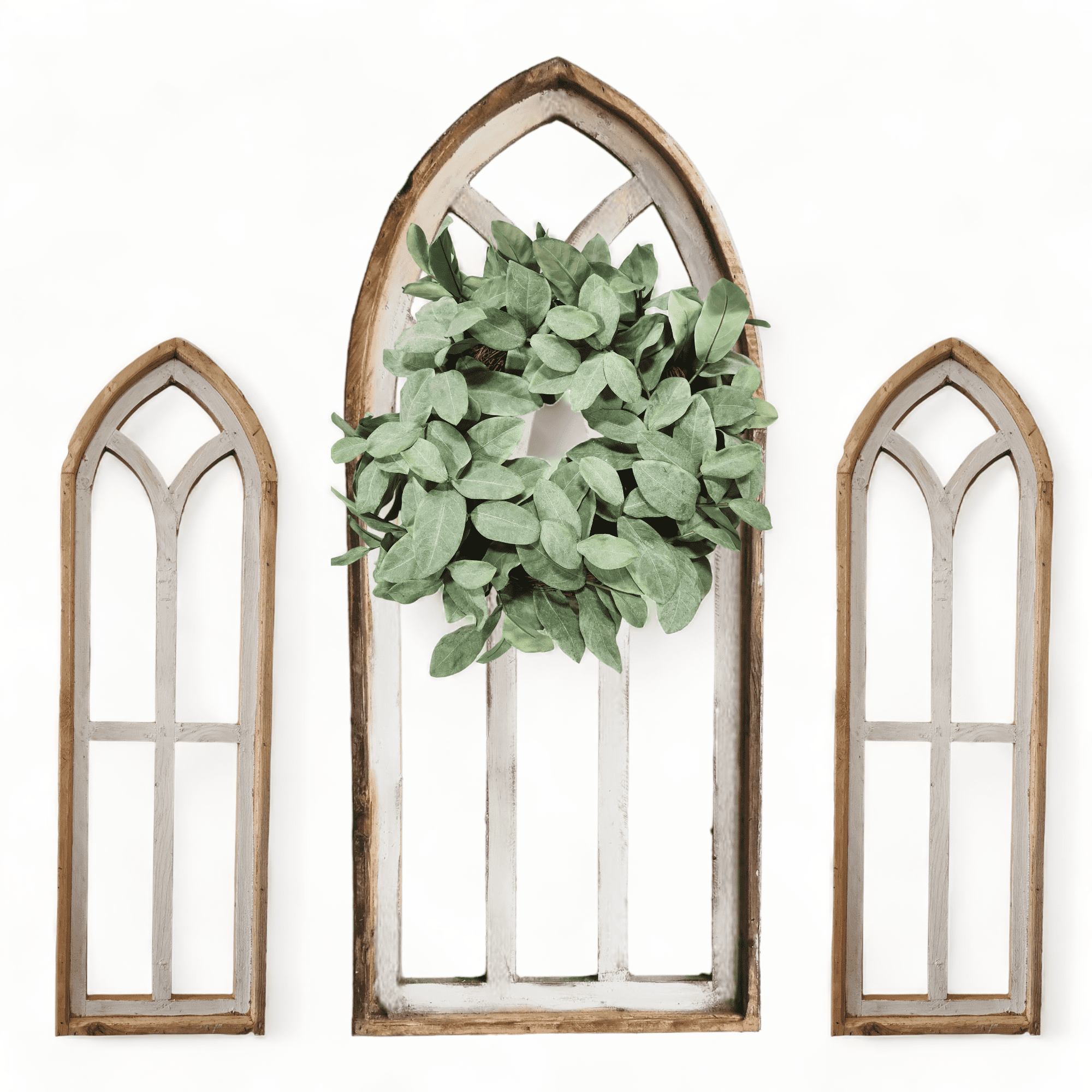 Rustic White Set of 3 Farmhouse Wooden Cathedral Window Arches- The Farmhouse Cathedral Collection Rustic White + Wreaths - Ranch Junkie Mercantile LLC