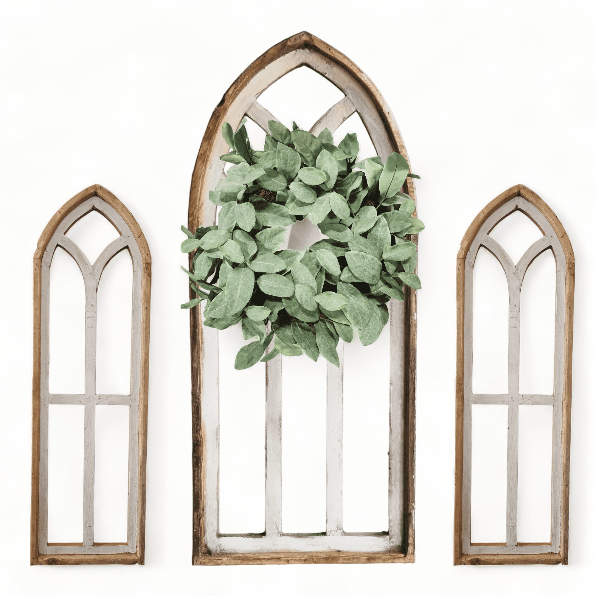 Rustic White Set of 3 Farmhouse Wooden Cathedral Window Arches- The Farmhouse Cathedral Collection Rustic White + Wreaths - Ranch Junkie Mercantile LLC 