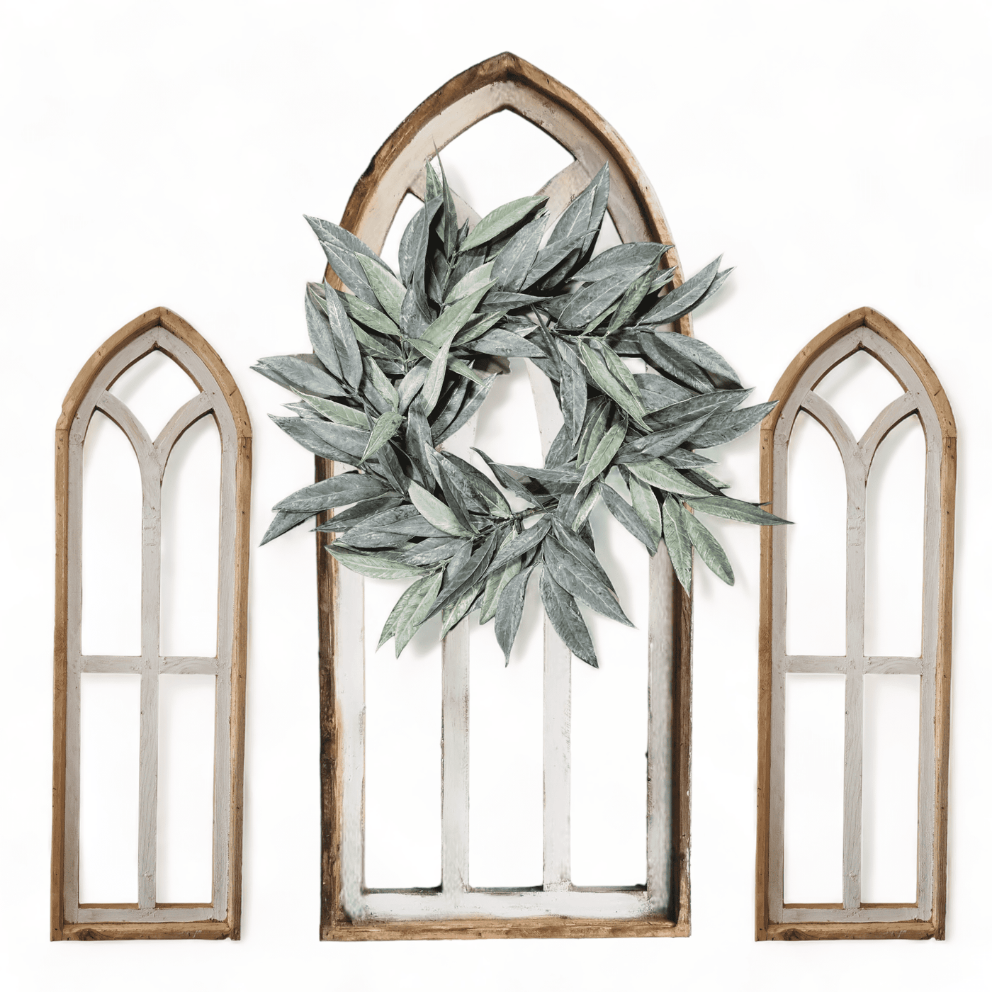 Rustic White Set of 3 Farmhouse Wooden Cathedral Window Arches- The Farmhouse Cathedral Collection Rustic White + Wreaths - Ranch Junkie Mercantile LLC