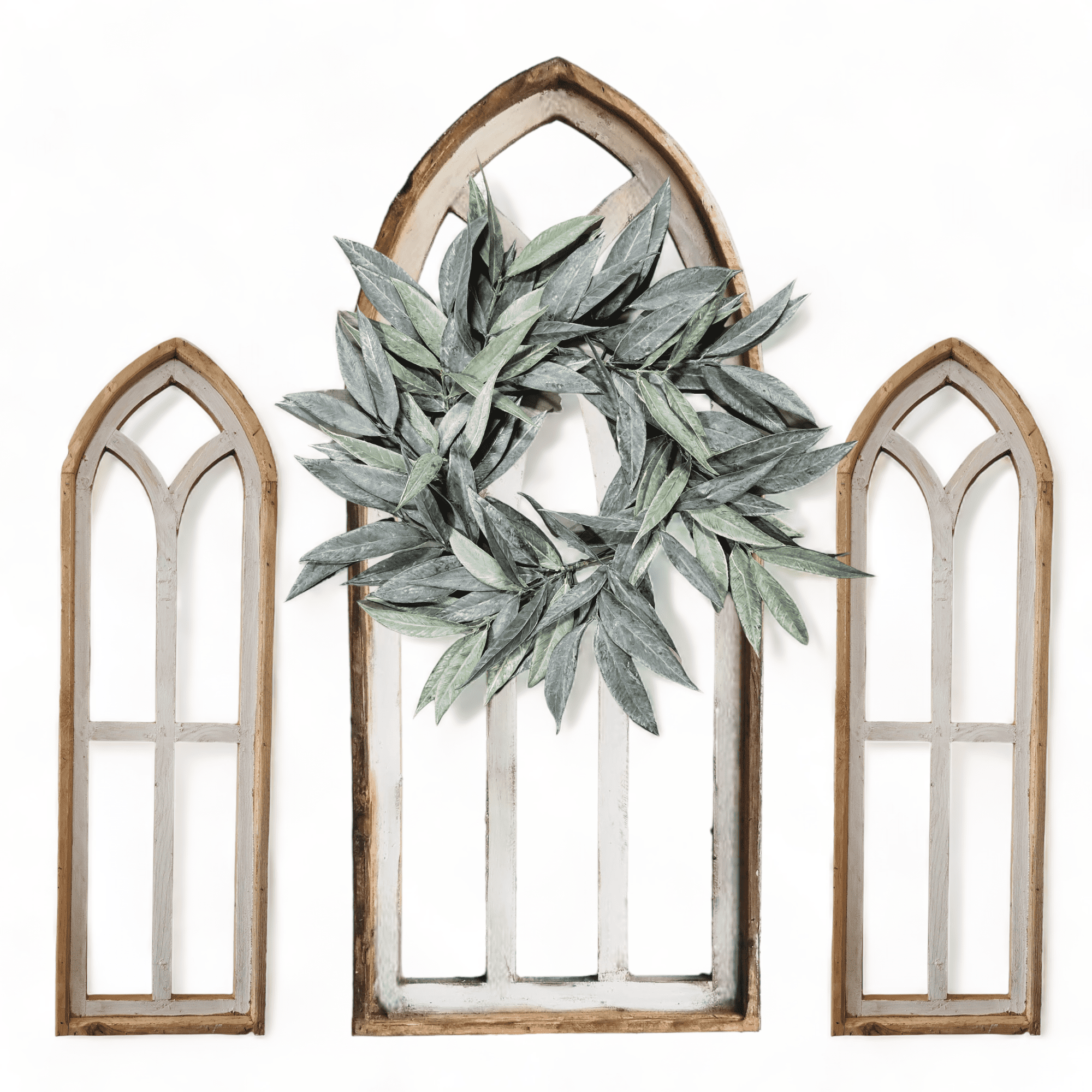 Rustic White Set of 3 Farmhouse Wooden Cathedral Window Arches- The Farmhouse Cathedral Collection Rustic White + Wreaths - Ranch Junkie Mercantile LLC 