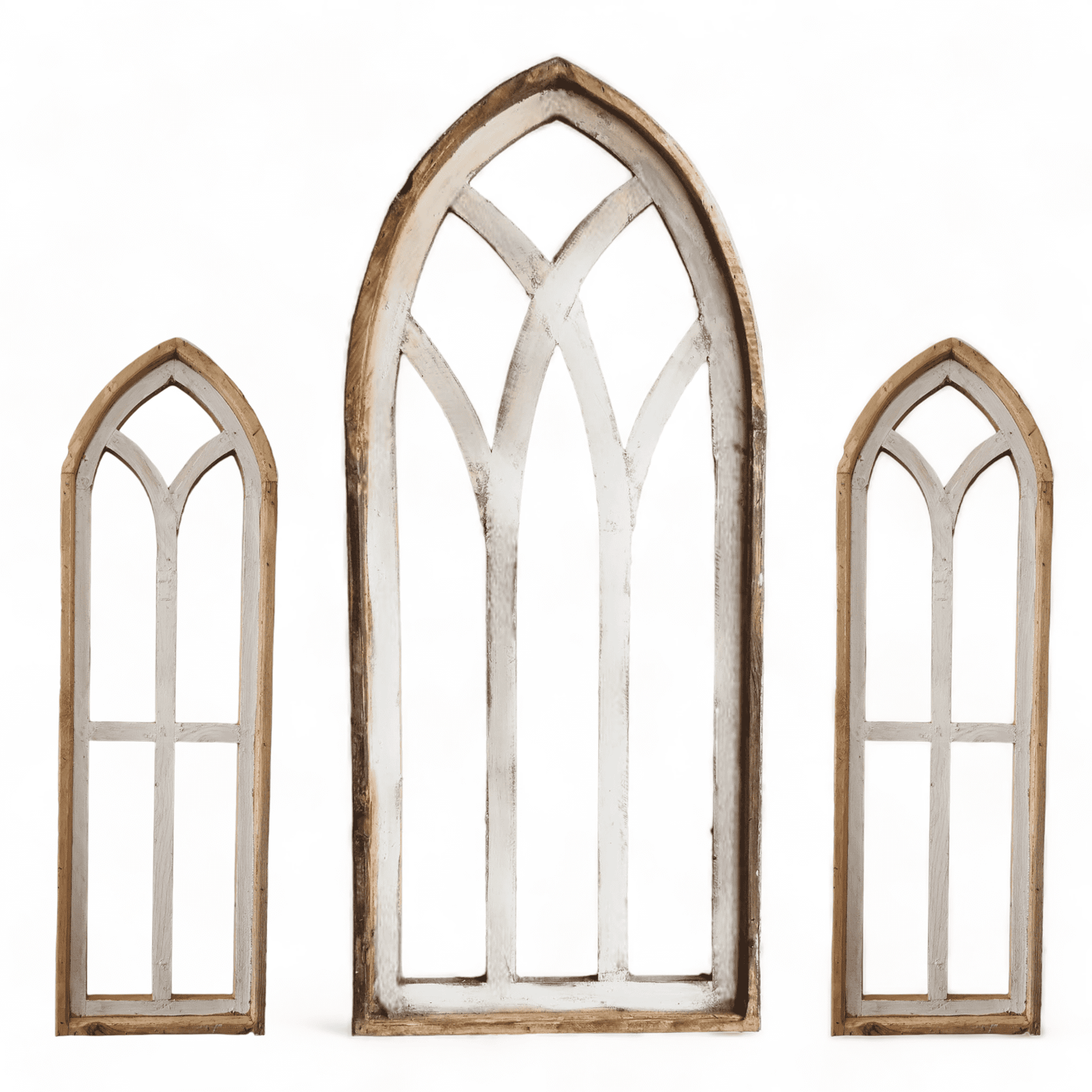 Rustic White Set of 3 Farmhouse Wooden Cathedral Window Arches- The Farmhouse Cathedral Collection Rustic White + Wreaths - Ranch Junkie Mercantile LLC 