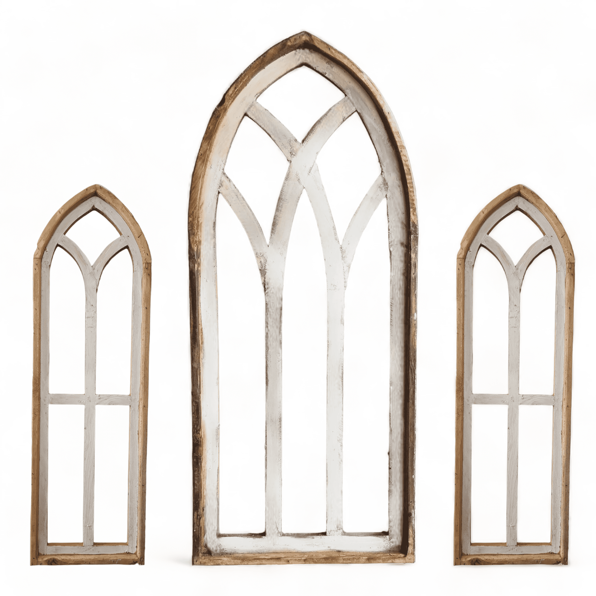 Rustic White Set of 3 Farmhouse Wooden Cathedral Window Arches- The Farmhouse Cathedral Collection Rustic White + Wreaths - Ranch Junkie Mercantile LLC