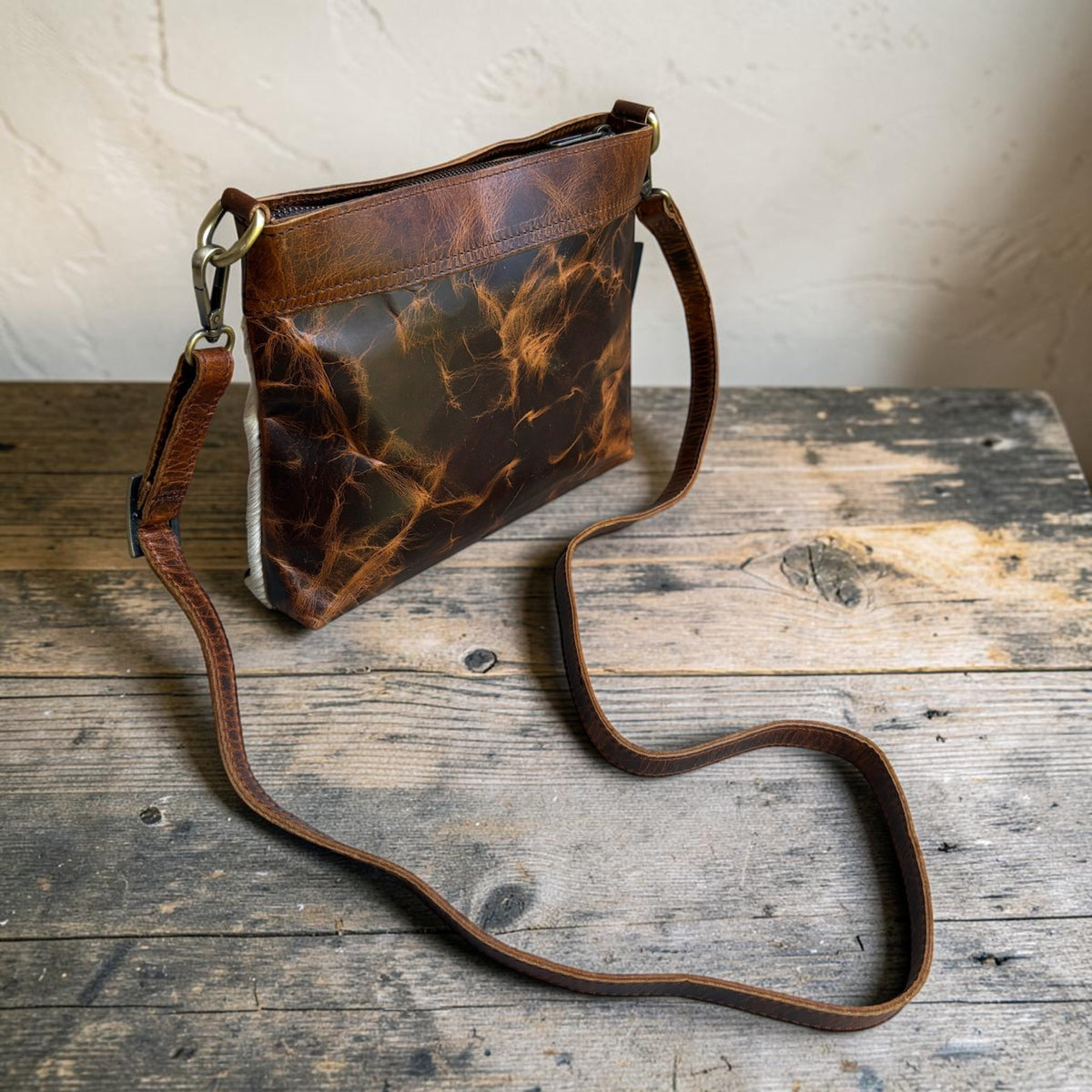 Sample Sale #1 Highlands Handcrafted Cowhide And Leather Crossbody- Cowhide Crossbody - Ranch Junkie LLC