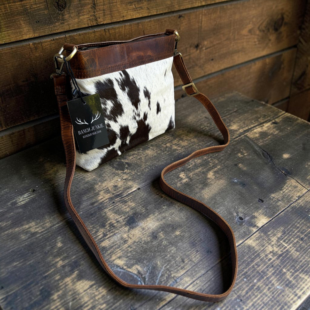 Sample Sale #1 Highlands Handcrafted Cowhide And Leather Crossbody- Cowhide Crossbody - Ranch Junkie LLC