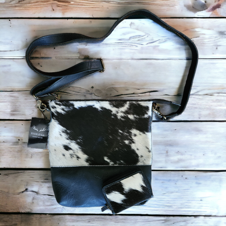 Bundle Deal Highlands Black Cowhide Crossbody Purse + Cowhide Credit Card Wallet - Ranch Junkie Mercantile LLC 