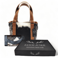 Bundle Deal -The Highlands Cowhide Tote Purse Black + Envelope Cowhide Large Wallet Black - Ranch Junkie Mercantile LLC