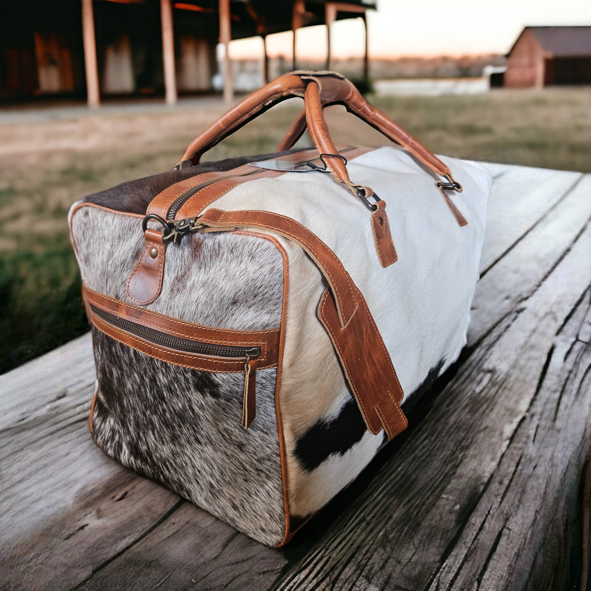 Sample Sale Highlands Saddle Tricolor Large Genuine Cowhide Weekender Cowhide Duffel #6 - Ranch Junkie Mercantile LLC 