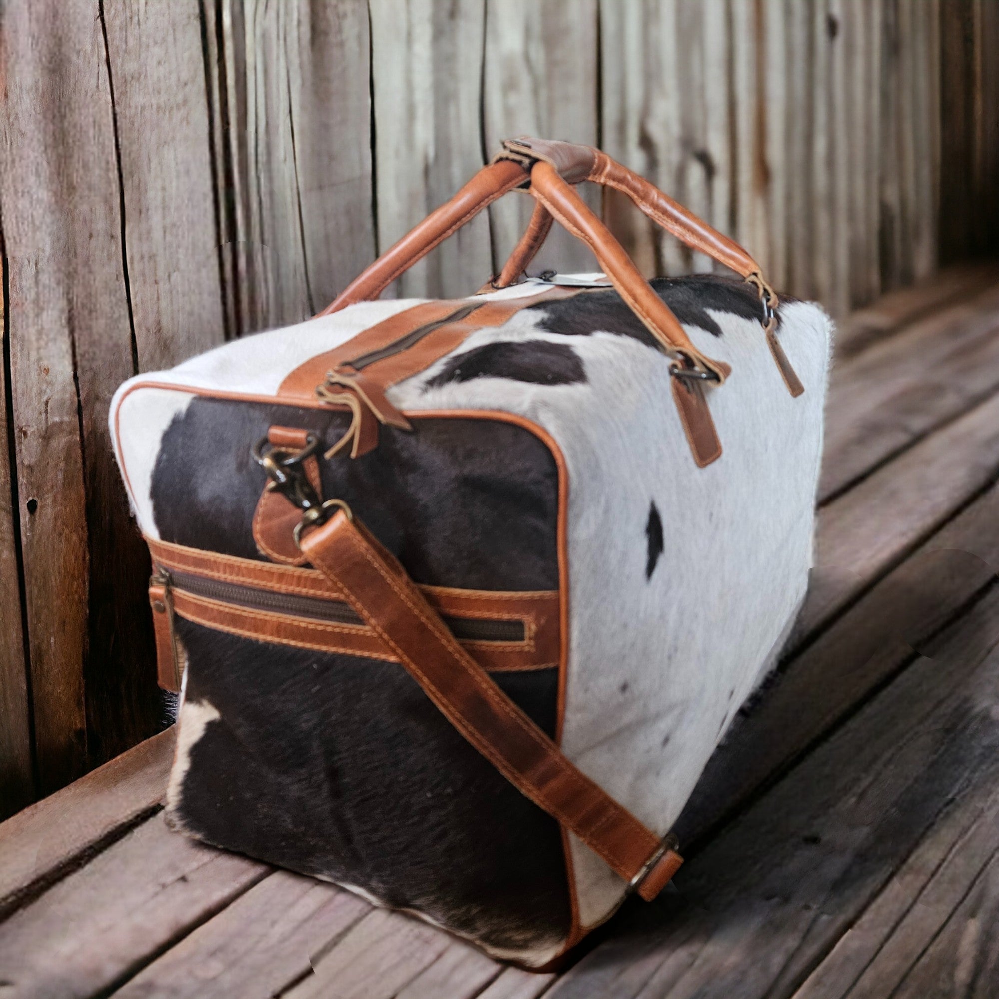 Sample Sale Highlands Saddle Tricolor Large Genuine Cowhide Weekender Cowhide Duffel #6 - Ranch Junkie Mercantile LLC 