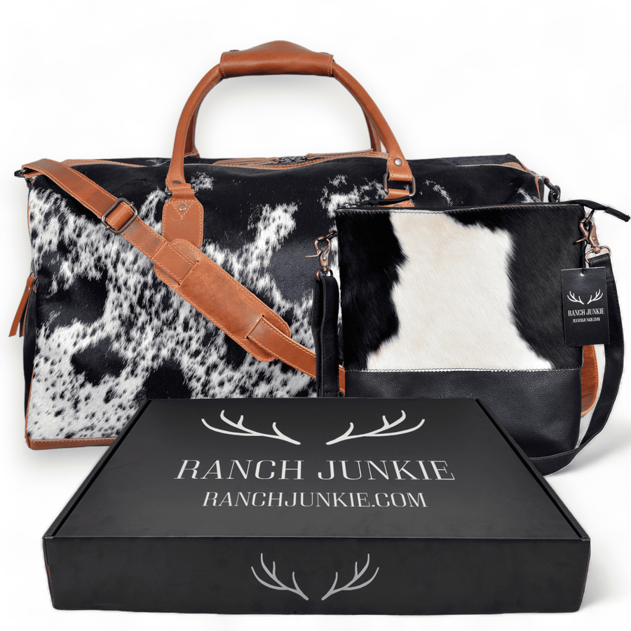 Bundle Deal -The Highlands Large Genuine Cowhide Weekender Duffel Black+ Crossbody Purse Black - Ranch Junkie Mercantile LLC