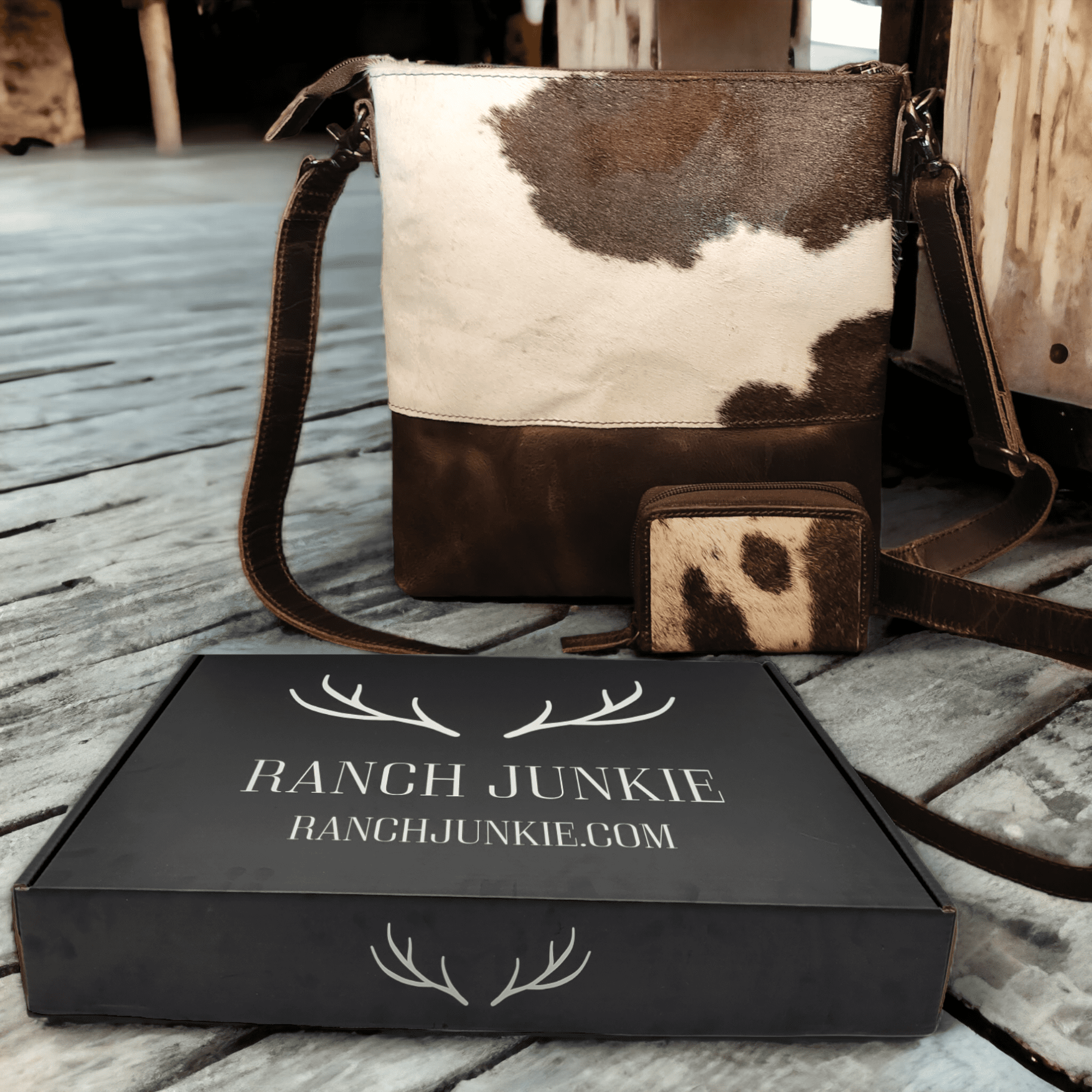 Bundle Deal -The Highlands Cowhide Crossbody Purse + Cowhide Credit Card Wallet - Ranch Junkie Mercantile LLC