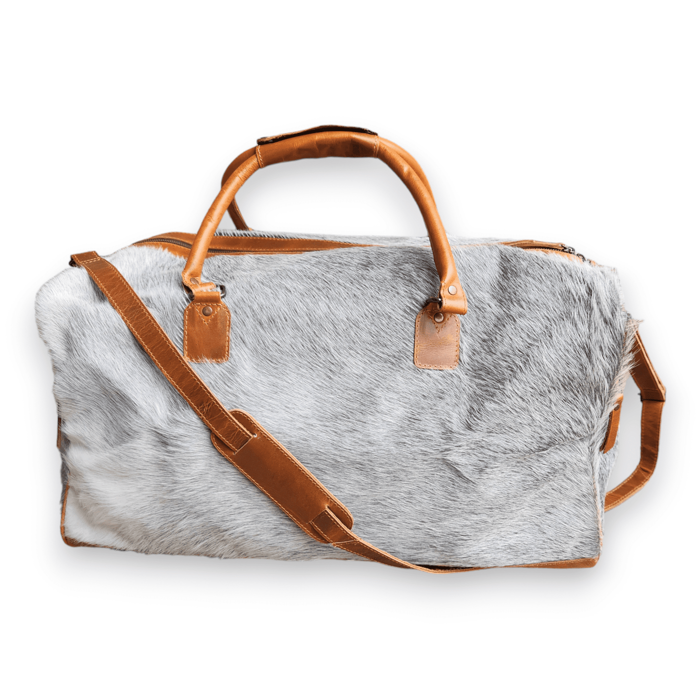 The Highlands Limited Edition Grey/White Brazilian Genuine Cowhide Weekender Large Cowhide Duffel - Ranch Junkie Mercantile LLC