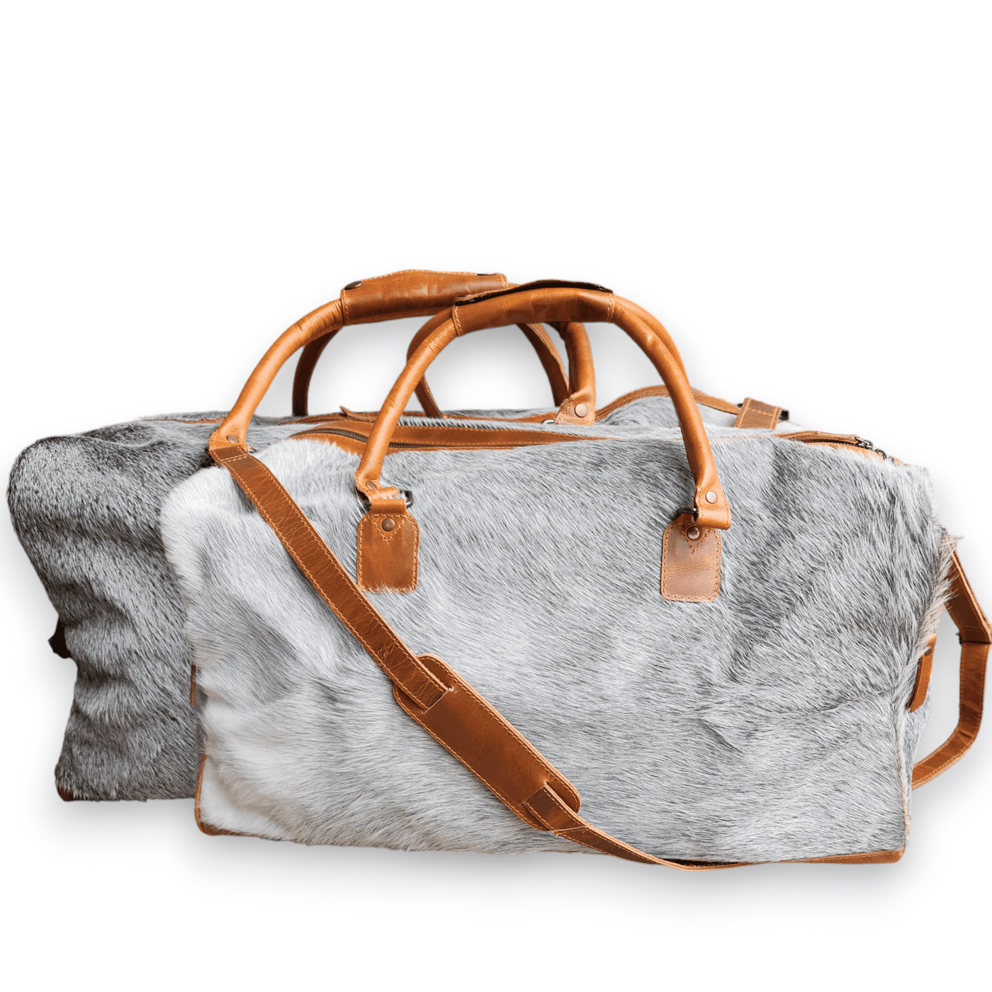 The Highlands Limited Edition Grey/White Brazilian Genuine Cowhide Weekender Large Cowhide Duffel - Ranch Junkie Mercantile LLC