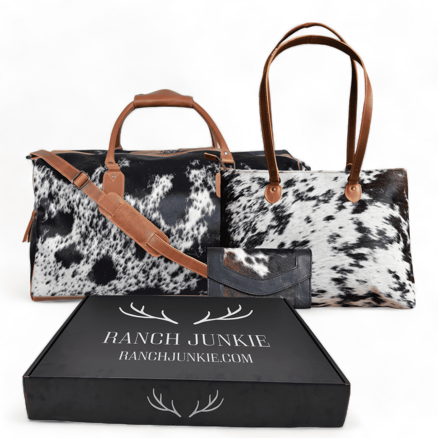 Mega Bundle Deal -The Highlands Large Genuine Cowhide Weekender Duffel Black+ Black Cowhide Tote + Black Envelope Cowhide Wallet - Ranch Junkie Mercantile LLC