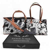 Mega Bundle Deal -The Highlands Large Genuine Cowhide Weekender Duffel Black+ Black Cowhide Tote + Black Envelope Cowhide Wallet - Ranch Junkie Mercantile LLC 