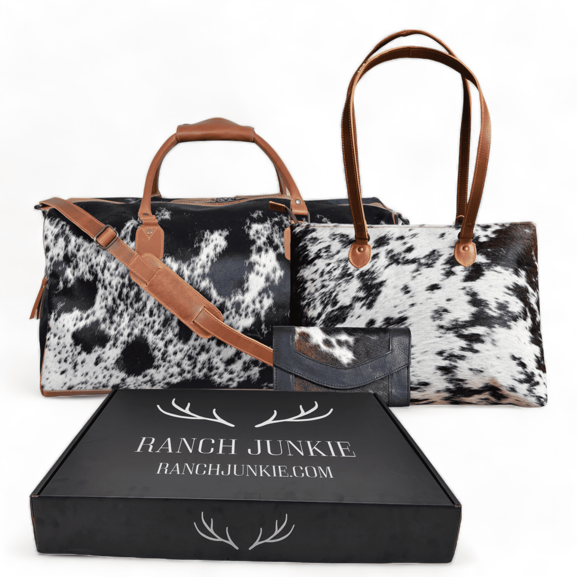 Mega Bundle Deal -The Highlands Large Genuine Cowhide Weekender Duffel Black+ Black Cowhide Tote + Black Envelope Cowhide Wallet - Ranch Junkie Mercantile LLC 