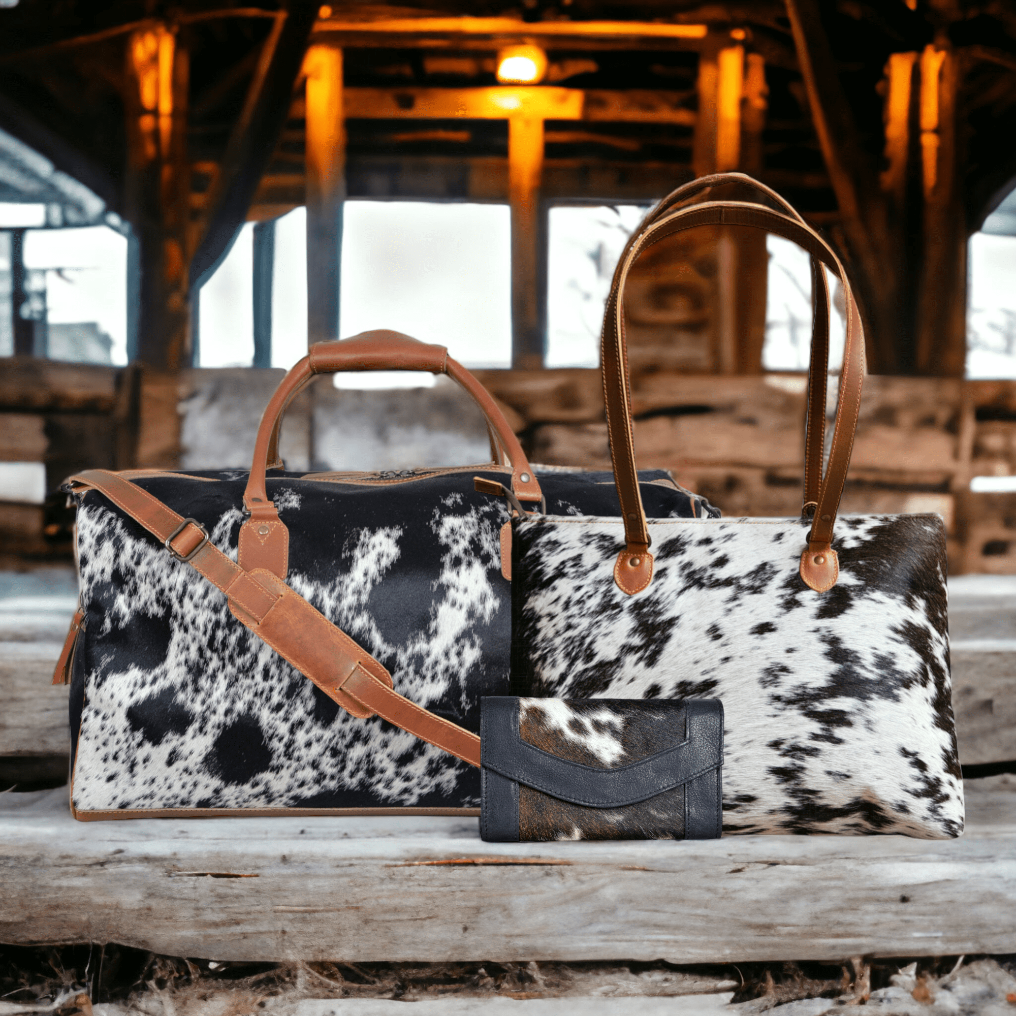 Mega Bundle Deal -The Highlands Large Genuine Cowhide Weekender Duffel Black+ Black Cowhide Tote + Black Envelope Cowhide Wallet - Ranch Junkie Mercantile LLC