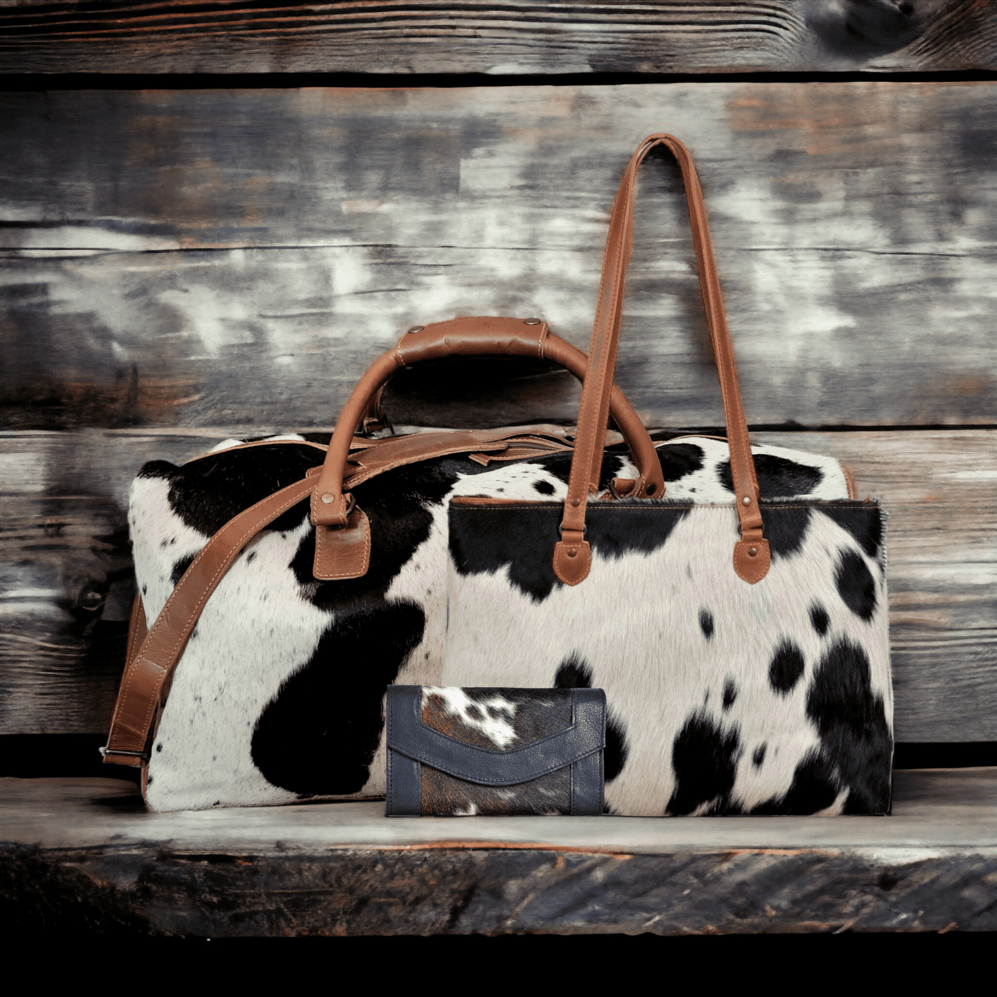 Mega Bundle Deal -The Highlands Large Genuine Cowhide Weekender Duffel Black+ Black Cowhide Tote + Black Envelope Cowhide Wallet - Ranch Junkie Mercantile LLC