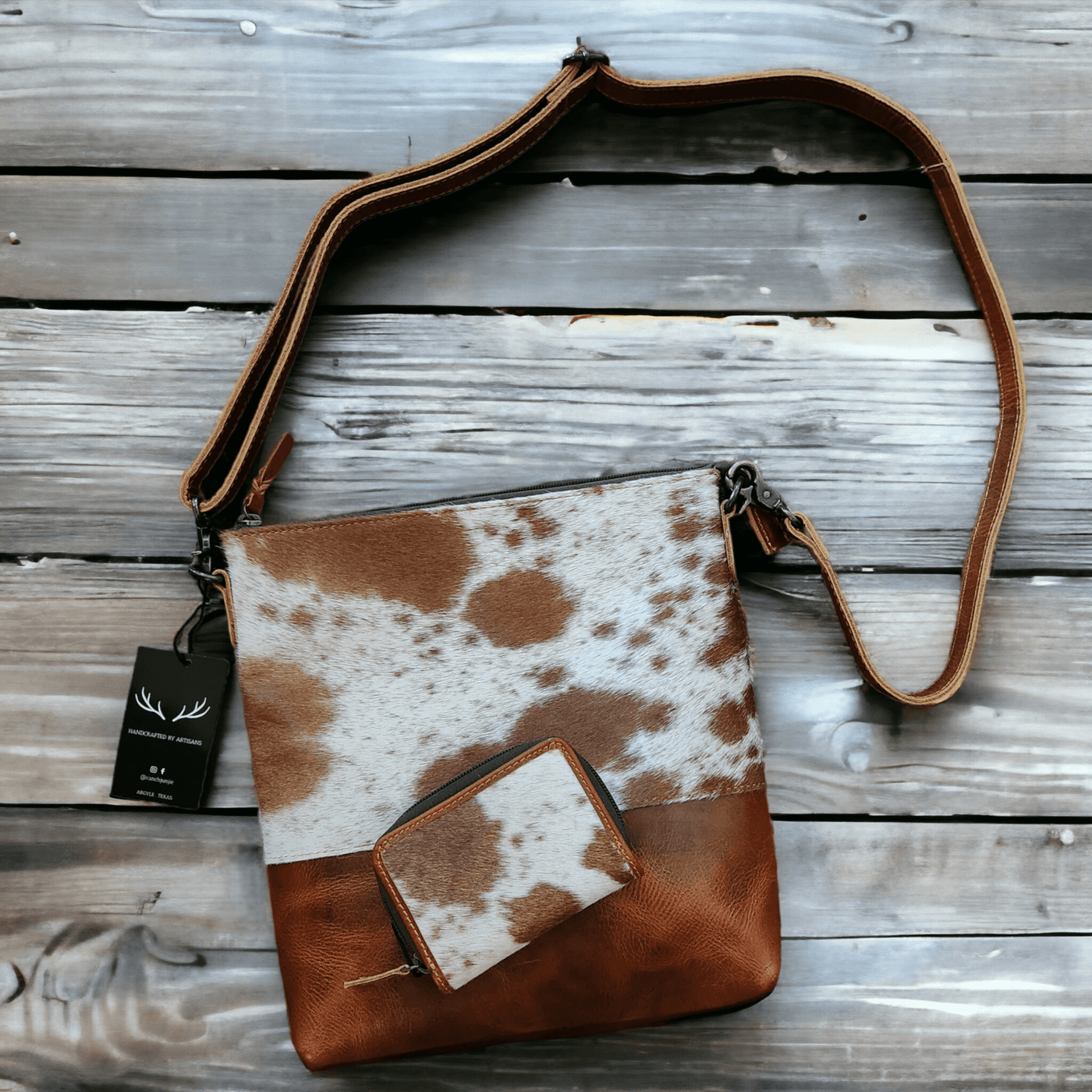 Bundle Deal -The Highlands Cowhide Crossbody Purse + Cowhide Credit Card Wallet - Ranch Junkie Mercantile LLC