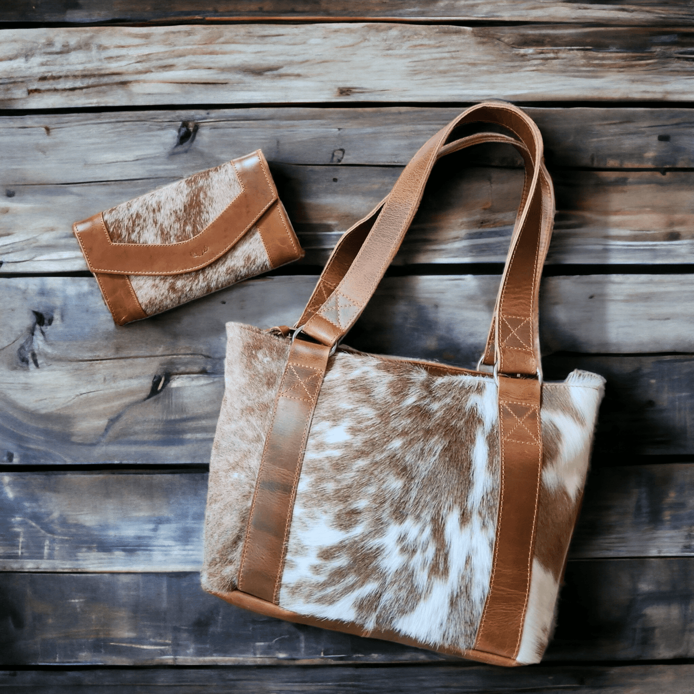 Bundle Deal -The Highlands Cowhide Tote Purse Saddle + Envelope Cowhide Large Wallet Saddle - Ranch Junkie Mercantile LLC