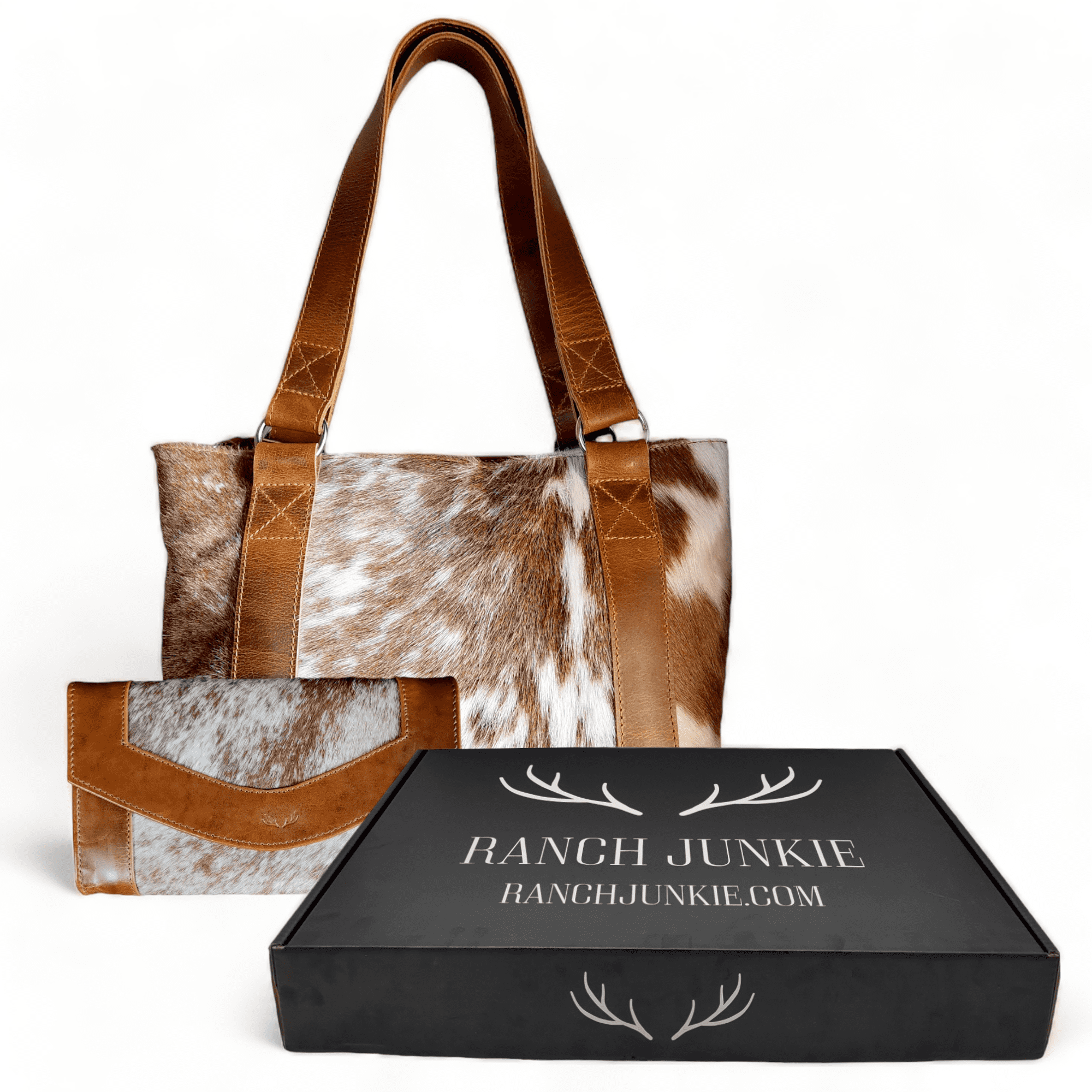 Bundle Deal -The Highlands Cowhide Tote Purse Saddle + Envelope Cowhide Large Wallet Saddle - Ranch Junkie Mercantile LLC