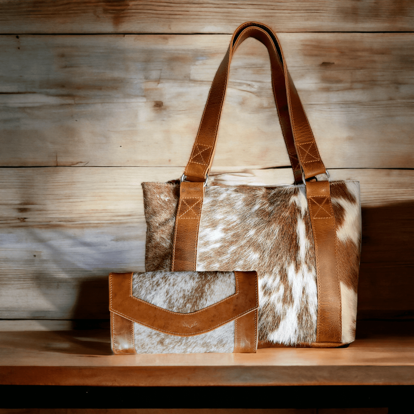 Bundle Deal -The Highlands Cowhide Tote Purse Saddle + Envelope Cowhide Large Wallet Saddle - Ranch Junkie Mercantile LLC