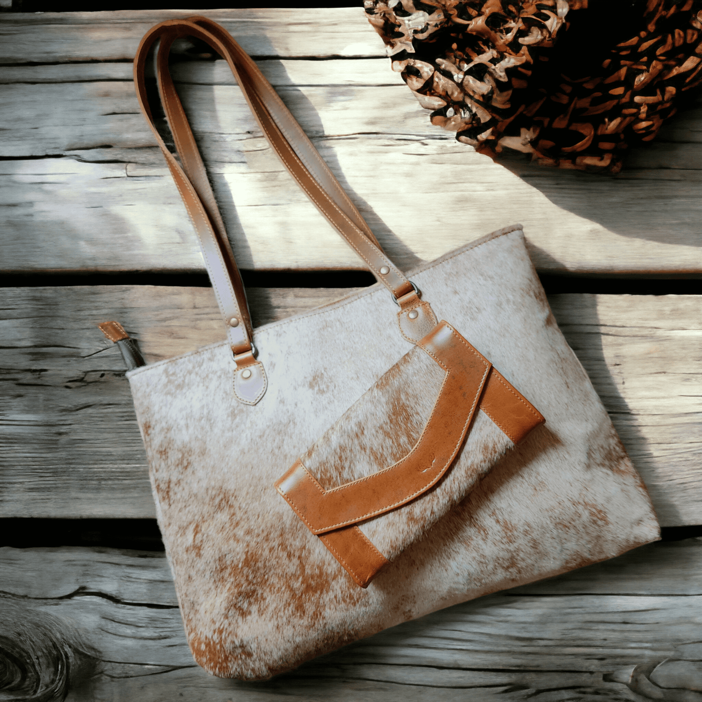 Bundle Deal -The Highlands Cowhide Large Tote Saddle + Envelope Cowhide Large Wallet Saddle - Ranch Junkie Mercantile LLC