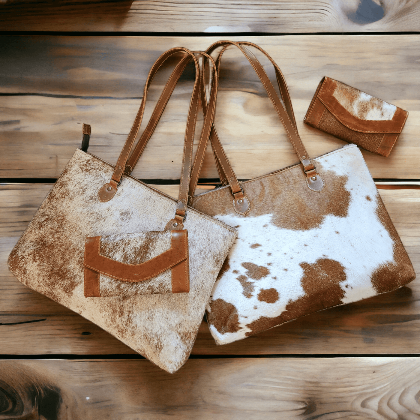 Bundle Deal -The Highlands Cowhide Large Tote Saddle + Envelope Cowhide Large Wallet Saddle - Ranch Junkie Mercantile LLC