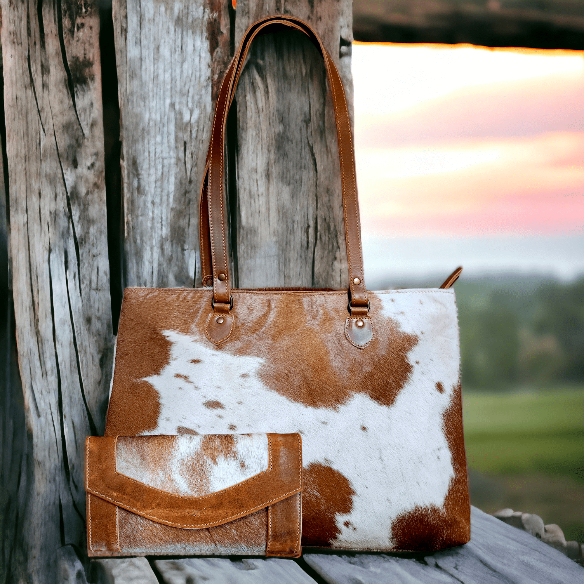 Bundle Deal -The Highlands Cowhide Large Tote Saddle + Envelope Cowhide Large Wallet Saddle - Ranch Junkie Mercantile LLC