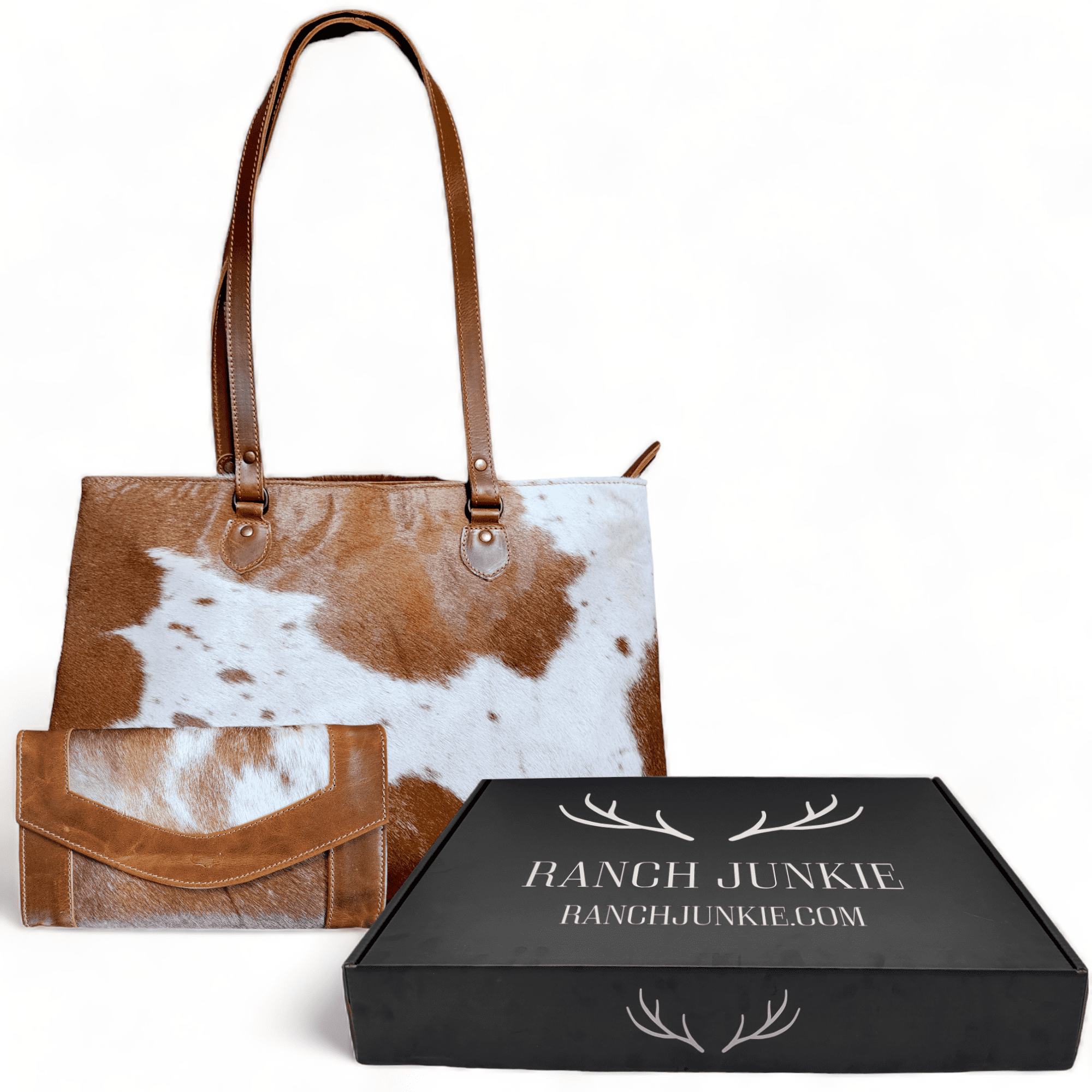 Bundle Deal -The Highlands Cowhide Large Tote Saddle + Envelope Cowhide Large Wallet Saddle - Ranch Junkie Mercantile LLC