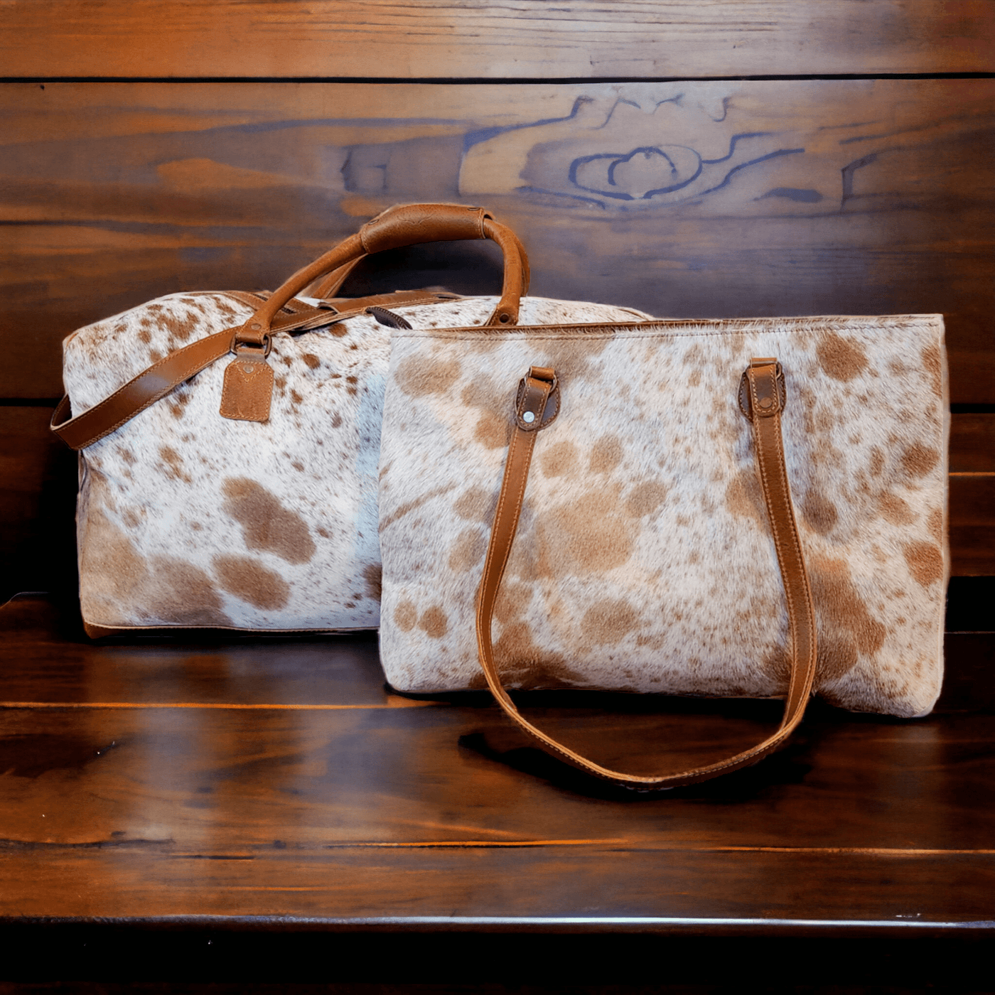 Bundle Deal -The Highlands Large Genuine Cowhide Weekender Duffel Saddle+ Cowhide Tote Bag Saddle - Ranch Junkie Mercantile LLC