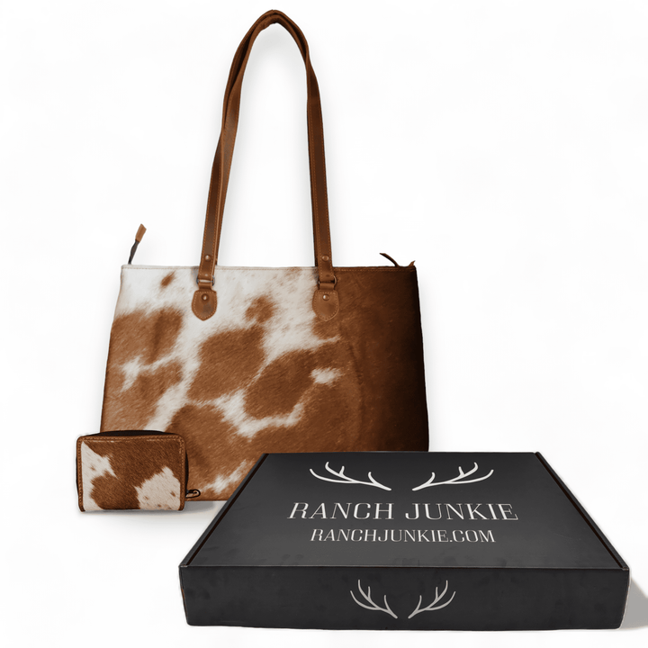 Bundle Deal -The Highlands Cowhide Large Tote  + Cowhide Credit Card Wallet - Ranch Junkie Mercantile LLC