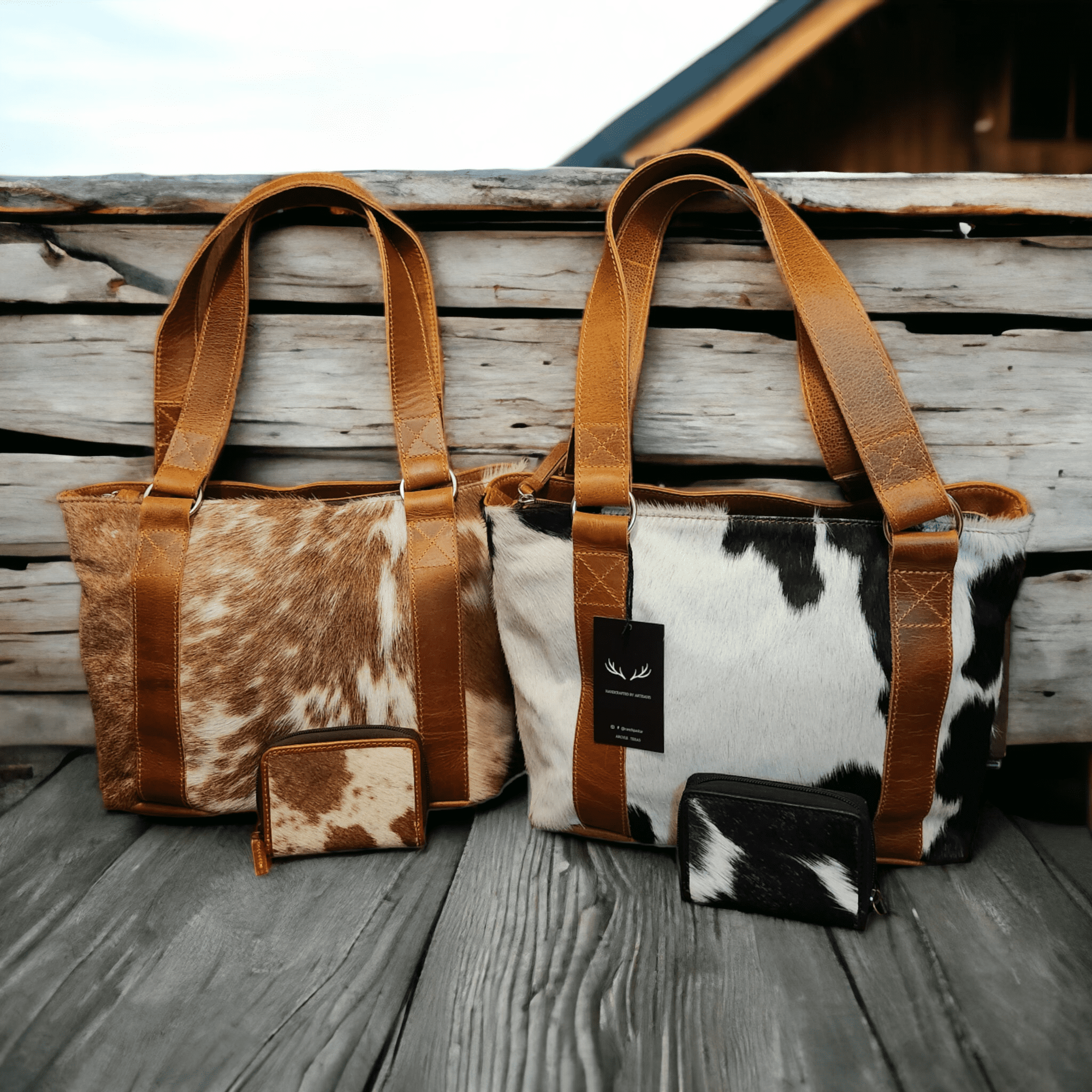 Bundle Deal -The Highlands Cowhide Tote Purse  + Cowhide Credit Card Wallet - Ranch Junkie Mercantile LLC