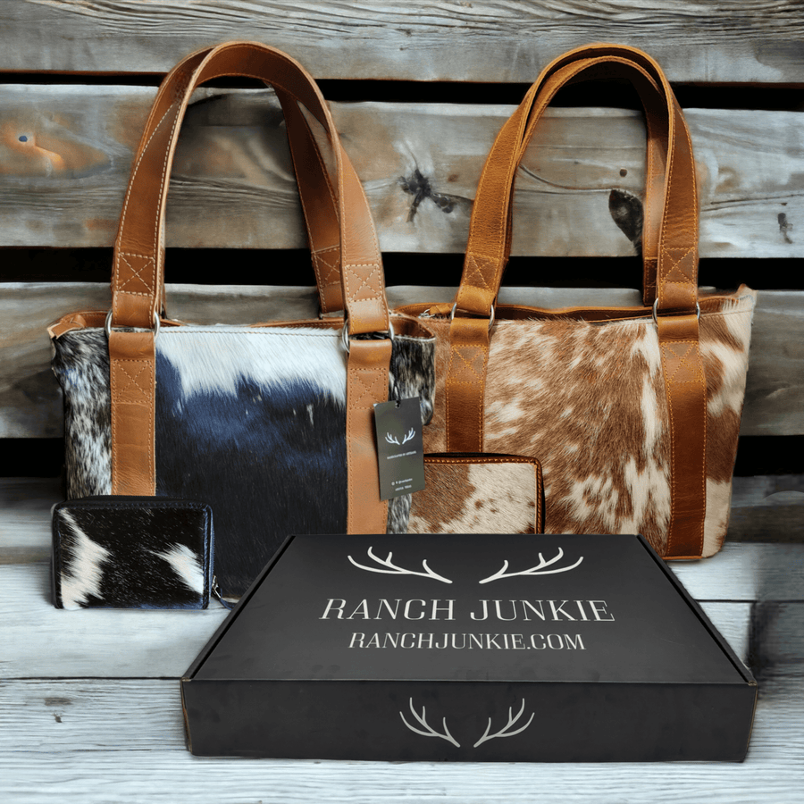 Bundle Deal -The Highlands Cowhide Tote Purse  + Cowhide Credit Card Wallet - Ranch Junkie Mercantile LLC