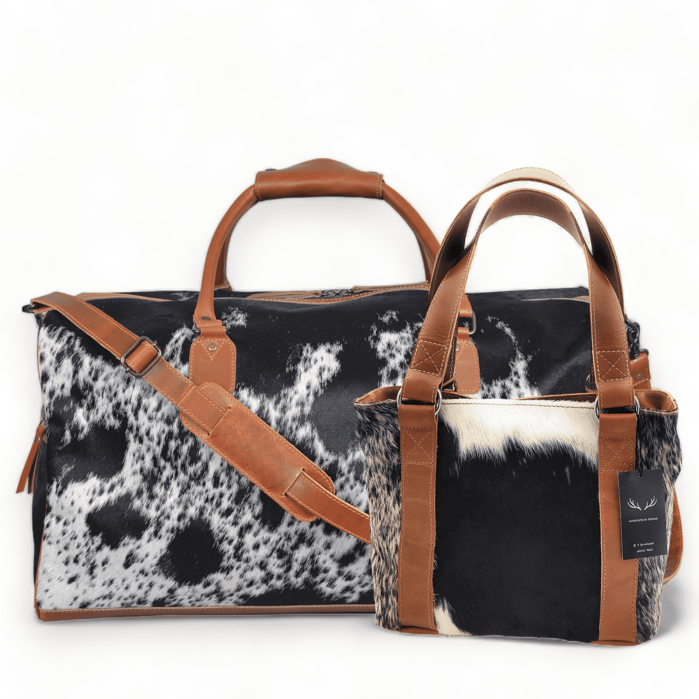 Bundle Deal -The Black Highlands Large Genuine Cowhide Weekender Duffel Bag+ Black Tote Cowhide Purse - Ranch Junkie Mercantile LLC